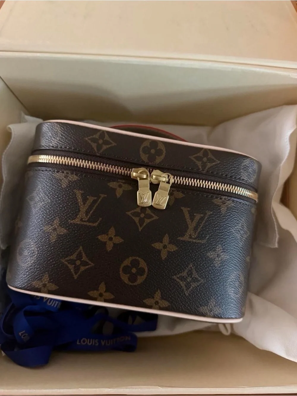 Louis Vuitton Brown Monogram Cosmetic Pouch with Pink Vachetta Strap